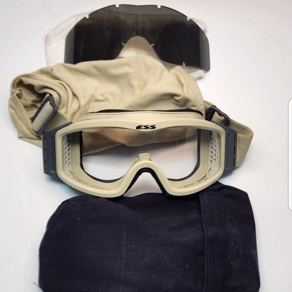 USMC ESS Profile Ballistic Goggles Tan with dark lens, cover, and carrying case